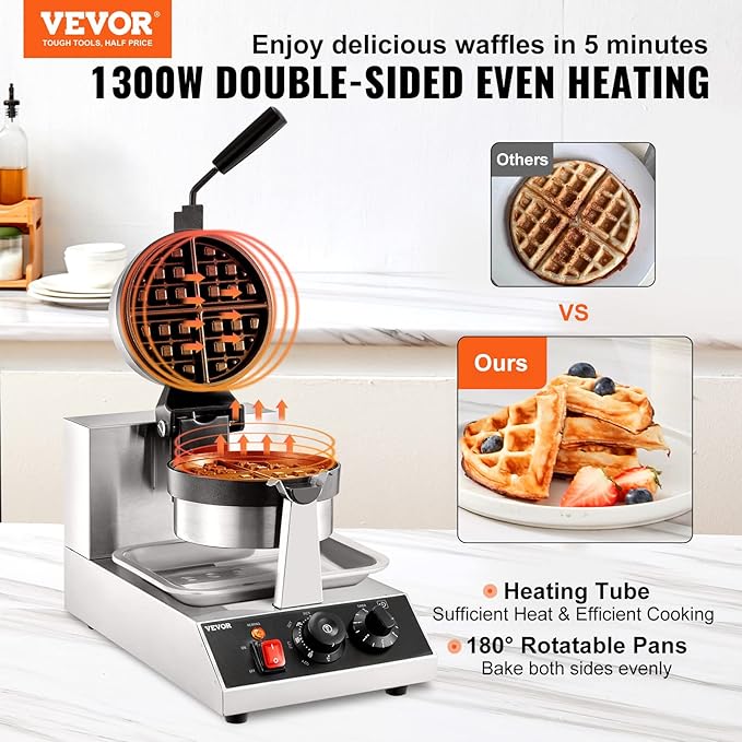 VEVOR Commercial Waffle Maker, 1300W Round Waffle Iron, Non-Stick Rotatable Waffle Baker Machine With 122-572℉ Temp Range and Time Control, Teflon-Coated Baking Pan Stainless Steel Body 120V