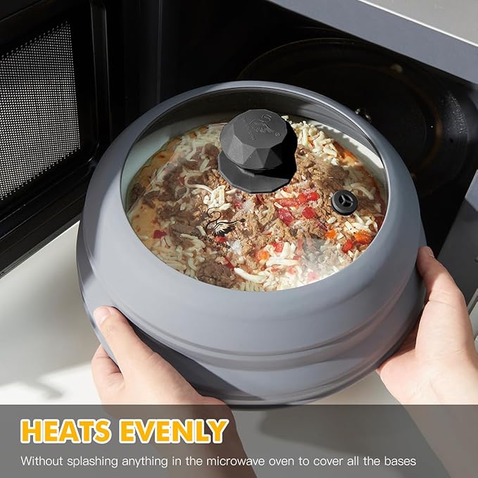 Microwave Splatter Cover Vented Glass Cover Splatter Guard Lid with Collapsible Silicone for Food as Pot Cover Plate Cover 10.8 inch for 6 7 8 9 10 inch Plate Bowl Light Grey
