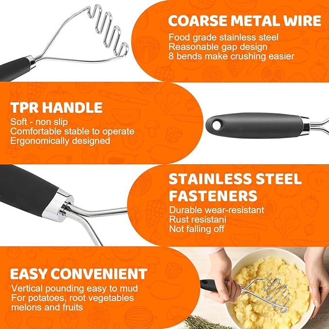 Potato Masher Set of 2 Pieces, 10.25-Inch Stainless Steel Wire Mashed Potato Masher, Kitchen Gourmet Making Tools Professional Integrated Honeycomb, For Vegetable, Fruit, Melon, Potato Etc, Black