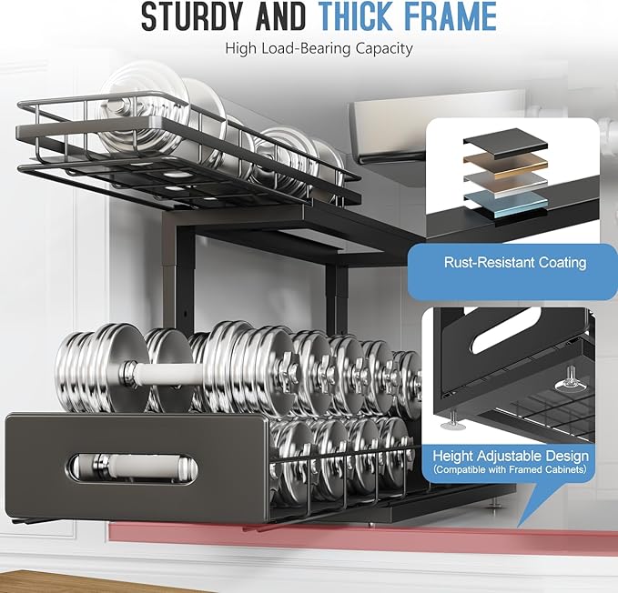 2 Pack 18 IN Depth Under Sink Organizer with Smooth Ball Bearing Slides,2-Tier Pull Out Cabinet Storage,Slide Out Drawers for Bathroom&Kitchen,Rust-resistant Coating,Height Adjustable-Black
