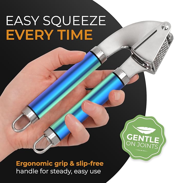 ORBLUE Garlic Press Stainless Steel - Premium Professional Grade Garlic Mincer, Crusher & Peeler Set - Easy Clean, Dishwasher Safe & Rust-proof, Multi-colored