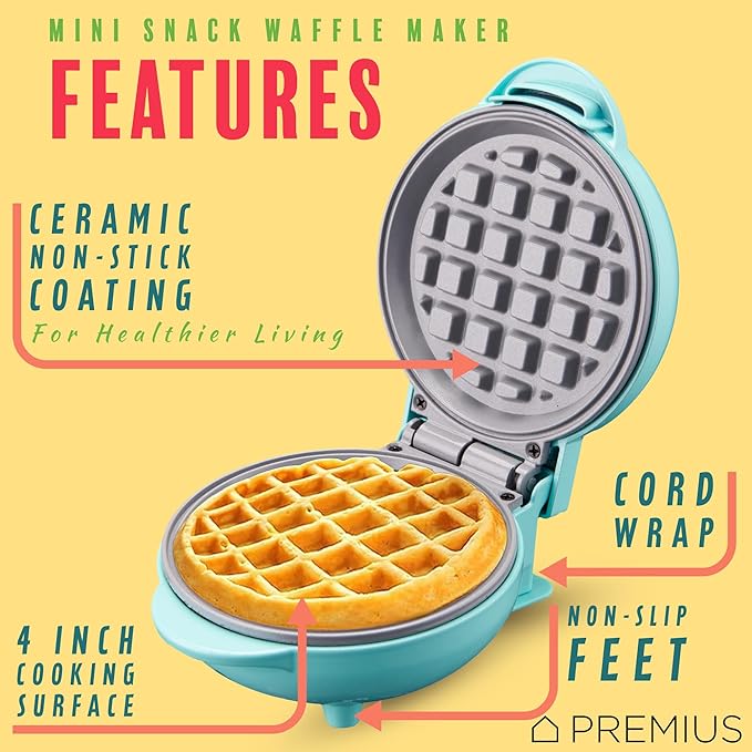 Ceramic Nonstick Mini Snack Waffle Maker, 4” Mold, Quick Heat for Crispy Waffles, French Toast, Tuna Melt, Egg & Grilled Cheese, Sandwiches for Kids & Family, Just Add Batter (Turquoise)