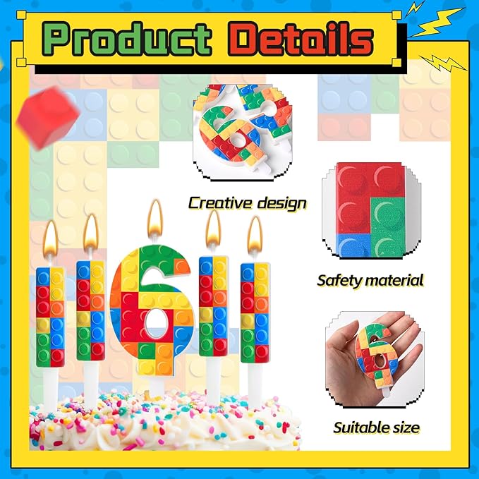 7 Pcs Building Block Themed Birthday Candles Set Building Blocks Number 6 Candle Cake Topper for Building Block Party Decoration Supplies (Number 6)
