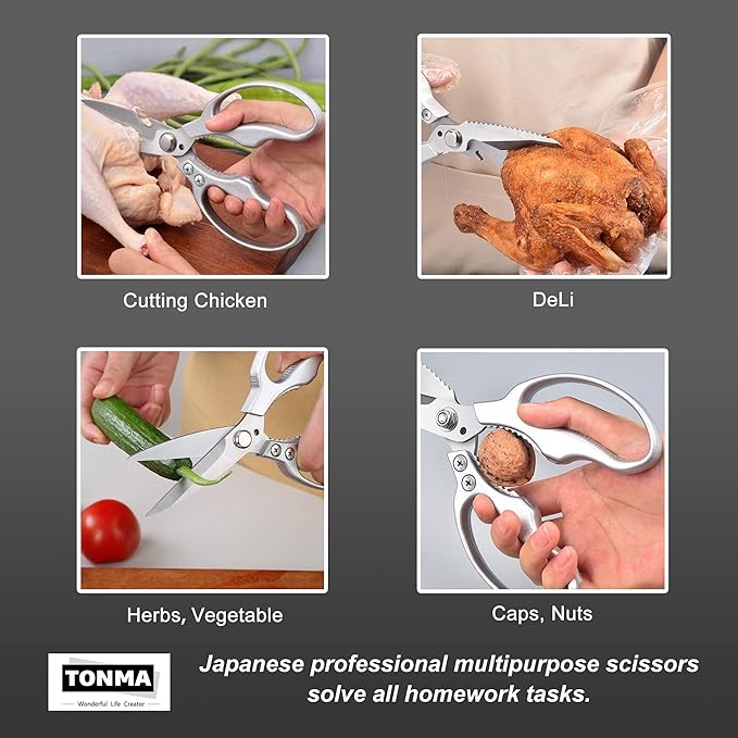 TONMA Heavy Duty Kitchen Scissors All Purpose [Made in Japan] Stainless Steel Japanese Multipurpose Kitchen Shears for Herbs, Chicken, Food, Garden, Office, Crafting, Leather, Dishwasher Safe