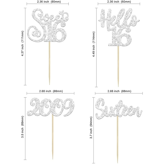 Gyufise 24Pcs 16th Birthday Cupcake Toppers Silver Glitter Hello 16 Sweet 16 Cupcake Picks 2009 16th Birthday Cake Decorations for Celebrating 16th Birthday Anniversary Party Supplies