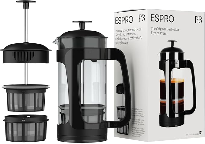 ESPRO - P3 French Press Coffee Maker – Patented Double Microfilter for Sludge and Grit Free Coffee, Black, 32 oz