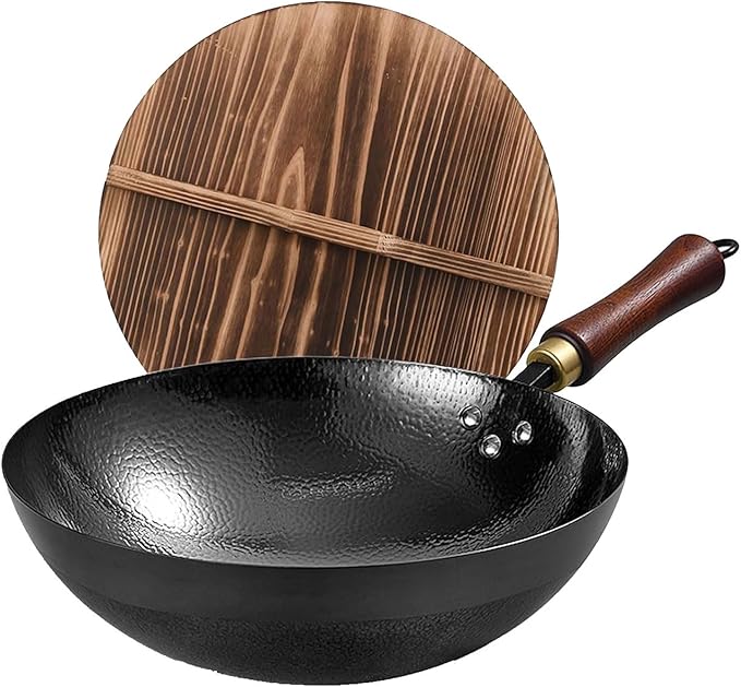 Carbon Steel Wok Pan, 13.5″Woks & Stir-Fry Pans with Wooden Lid Cookwares, Nonstick Wok, No Chemical Coated Round Bottom Hand Hammered Chinese Wok For Gas