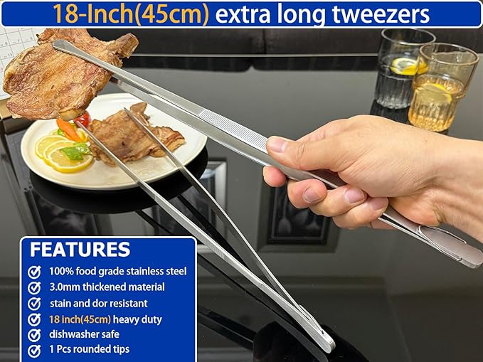 JETKONG 18 Inch (45cm) Extra Long Grill Tongs, Heavy Duty Stainless Steel Tweezer Tongs for Cooking, Grilling, Barbecue/BBQ, Buffet and Turning Food (Round Tips)