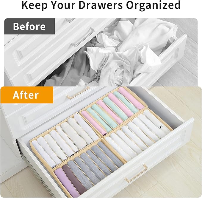Qozary 4 Pack Drawer Organizers for Clothing, 8 Grids Foldable Closet Organizers and Storage Bins for Bedroom, Dresser Organizer Boxes for Thin T-shirts, Tank Tops
