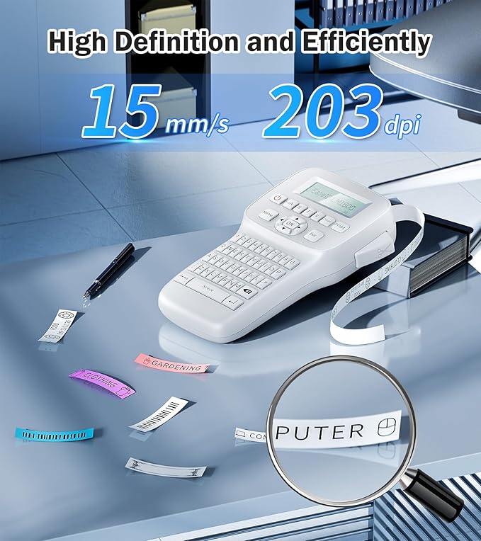 Portable Label Maker Machine with Tapes LM1600, Label Maker with QWERTY Keyboard, Rechargeable Handheld Labeler with Backlighting LCD Screen for Office School Use