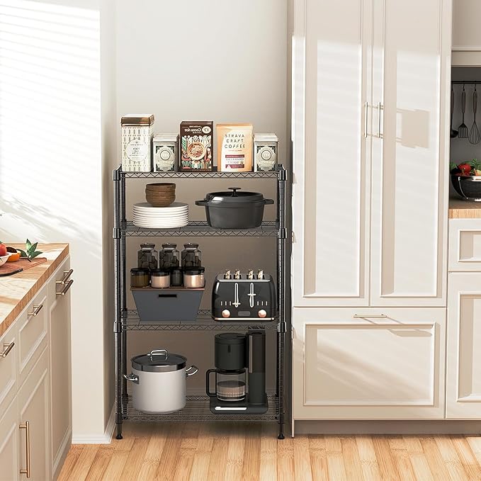 1400 lbs 4 Tier Storage Rack Metal Wire Shelving Unit, Storage Standing Household Shelf Organizer for Kitchen Pantry Closet Garage Basement Utility Room, Black 15.8" D x 45.3" W x 59.4" H