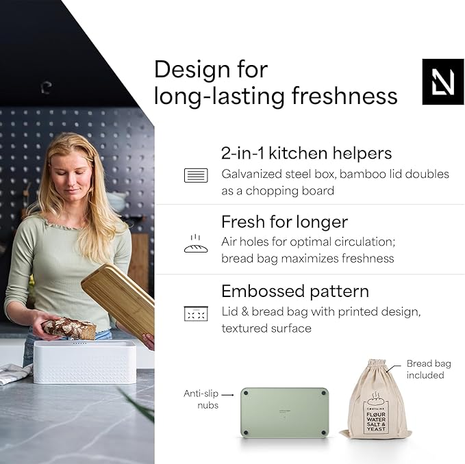 LARS NYSØM Bread Box I Metal Box with linen bag for long lasting freshness I Bread Bin with bamboo lid usable as cutting board I 13.4x7.3x5.3In (Sage Green)