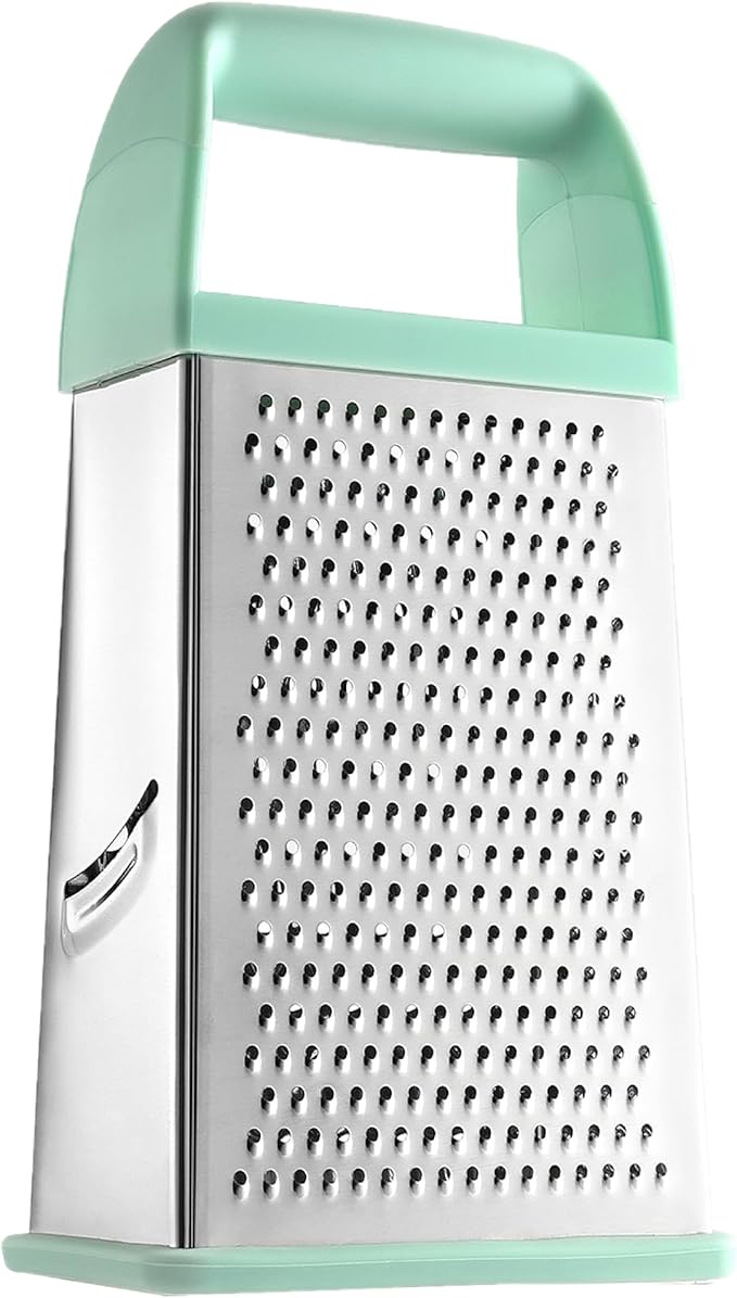 Spring Chef Professional 10" Stainless Steel Parmesan Cheese Grater with Handle, 4 Sided Handheld Box Grater, Kitchen Potato Shredder for Hash Browns, Hard Cheese, Ginger, Vegetables, Carrot - Mint