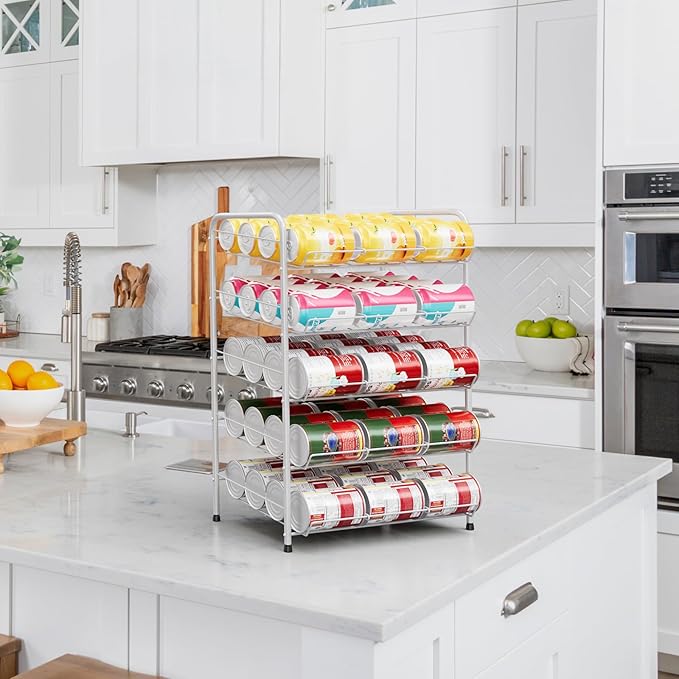 Vrisa Can Organizer for Pantry 5 Tier Canned Food Organizer Can Storage Rack Holds Up to 60 Cans Rolling Soda Soup Vegetable Can Goods Dispenser Shelf for Kitchen Pantry Cabinet, Silver