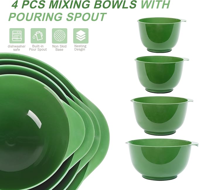 BoxedHome 4 Quart Large Plastic Mixing Bowls, Microwave Safe Mixing Bowl Set with Pour Spout, Nesting Bowls for Space Saving Storage(Grass Green)