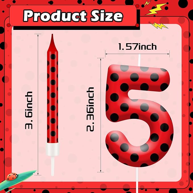 13PCS Ladybug Theme Birthday Candles Set - Red & Black Polka Dot Decorative Candles for Kids Ladybug Themed Parties, Baby Showers, Birthday Cakes, and Ladybird Inspired Celebrations(Number 5)
