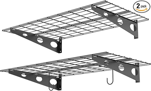 WALMANN 2 Pack Garage Wall Shelves, 2 x 4 ft/24 * 48 inch Wall Mounted Storage Shelves for Garage Heavy Duty Wall Shelving, Holds Up to 220 Lbs(Black)