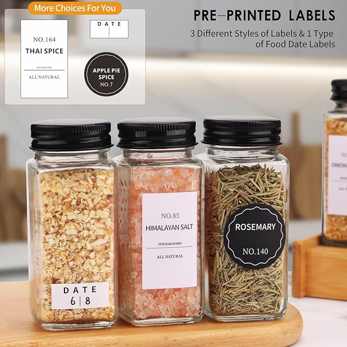 Spice Jars - 36 pieces, labeled spice jars with black metal lids, empty glass spice jar set, spice storage containers, kitchen set, ideal for organizing and storing food in the pantry.