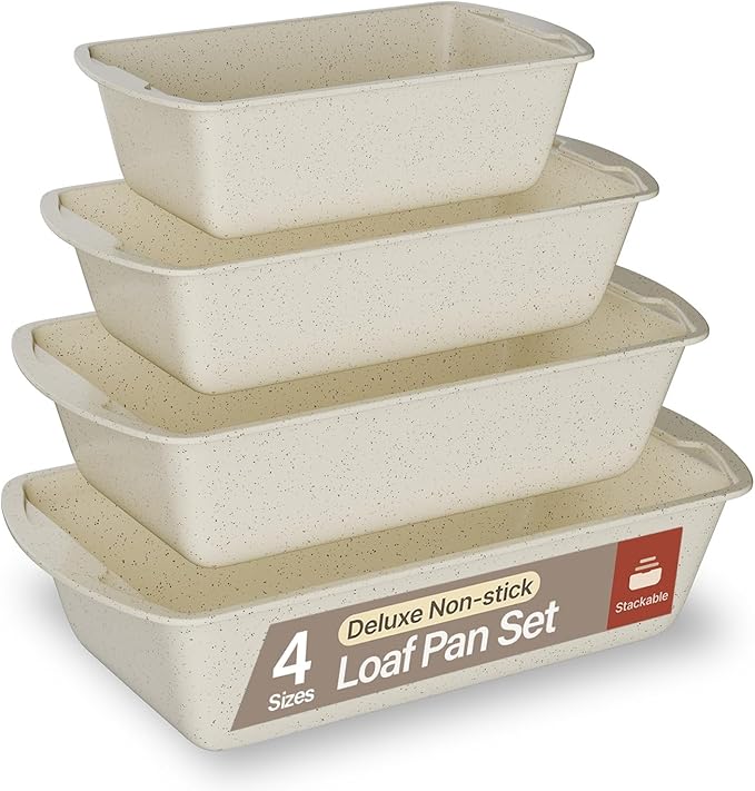 Nonstick Loaf Pan Set Pack of 4, 7" to 11" Large Baking Bread Pan, Oven Safe Up to 450°F, PFOA, PFOS, PTFE Free, Space Saving Stackable Design, Stain Resistant, Dishwasher Friendly, White Marble