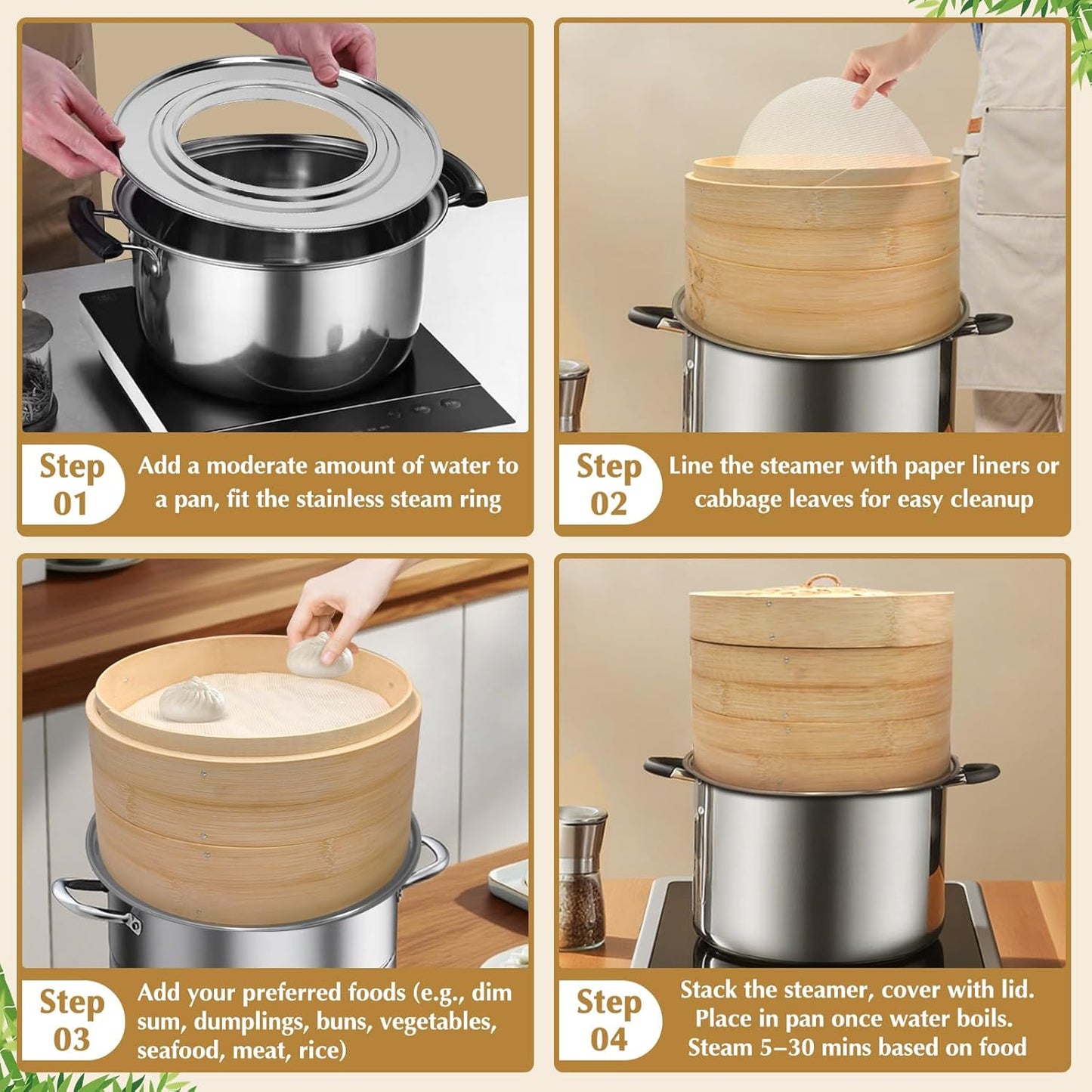 Bamboo Steamer 2 Tier 10-Inch Steaming Basket, Bun Vegetable Steam, Dumpling Steamer Bamboo Steam Basket, Chopsticks, Reusable Silicone Liner, Ring Adapter, for Chinese Asian Cuisine