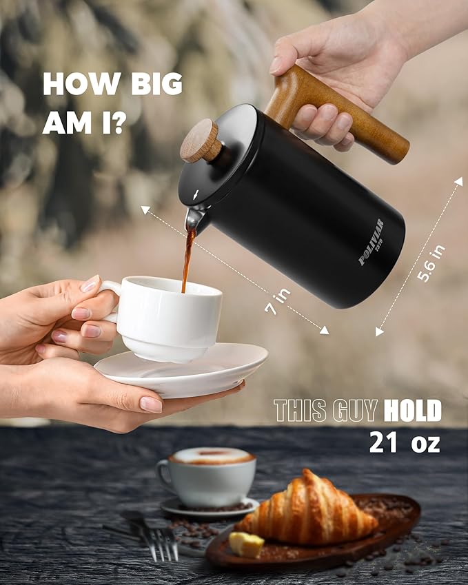 POLIVIAR French Press Coffee Maker, 21 oz Coffee Press with Real Wood Handle, Double Wall Insulation & Dual-Filter Screen, Food Grade Stainless Steel for Good Coffe and Tea, JX2024-SFPB