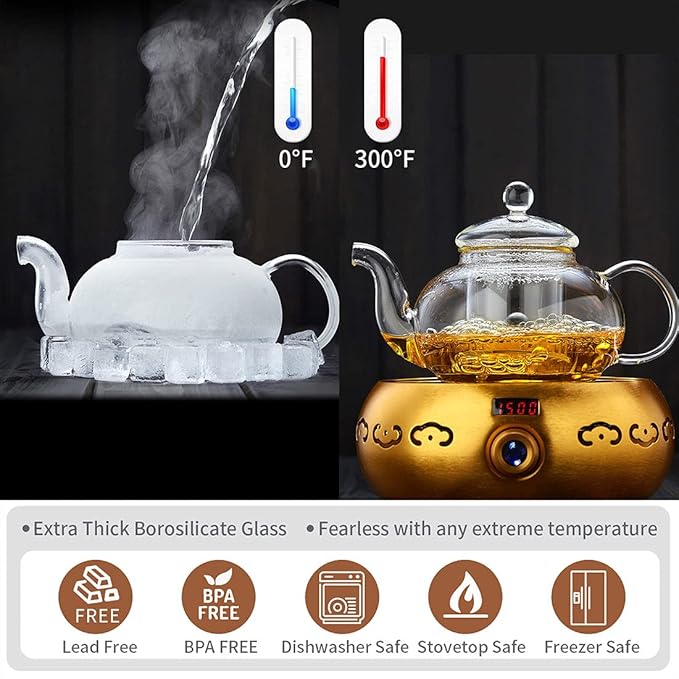 Glass Teapot with Removable Clear Infuser, 27 oz/ 800 ml Stove Top & Microwave Safe Borosilicate Glass Kettle with Loose Leaf Tea Strainer For Flower Blooming Tea