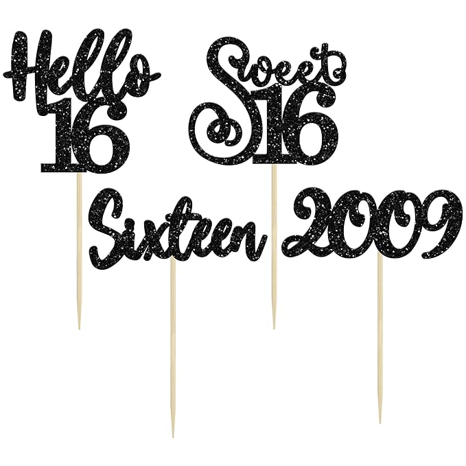 Gyufise 24Pcs Happy 16th Birthday Cupcake Toppers Glitter Hello 16 Sweet 16 Cupcake Picks 2009 Sixteen Old Birthday Cake Decorations for 16th Birthday Anniversary Party Supplies Black