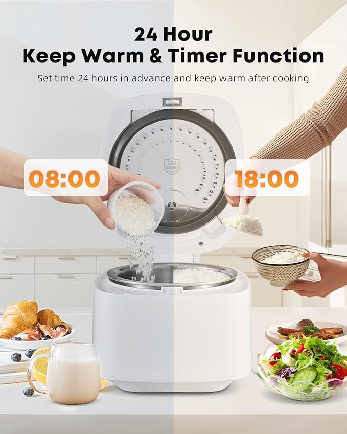 Novaspark Low Carb Rice Cooker Stainless Steel Inner Pot, Mini Stainless Steel Rice Cooker Small 5 Cup, LED Display Low Sugar Rice Maker, 24H Timer and Auto Keep Warm, White Rice/Porridge/Oatmeal, White