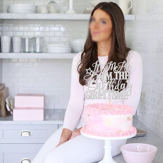 1 PCS It's Me Hi I'm the Birthday Girl It's Me Cake Topper Glitter Music Singer Cake Pick for Funny Hip Hop Singer Girls Birthday Party Cake Decorations Supplies Silver
