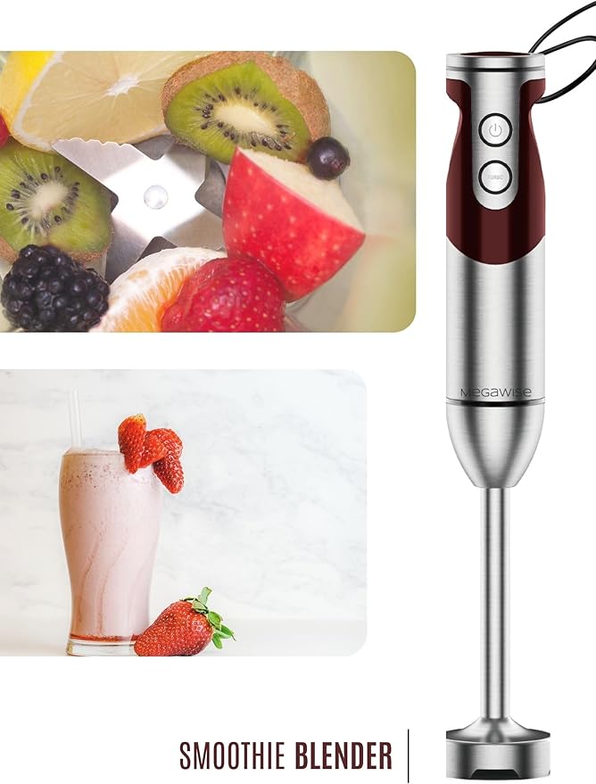 3- in-1 Immersion Hand blender, Powerful MOTOR & Stainless Steel Stick Blender, 4 Sharpe Blades with Whisk, Milk Frother Attachments