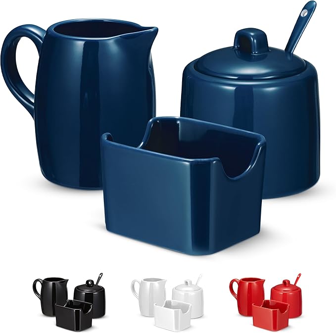 Kook Sugar and Creamer Set, 3 Piece, Pitcher, Sugar Bowl with Lid and Spoon, Sweetener Holder (Navy)
