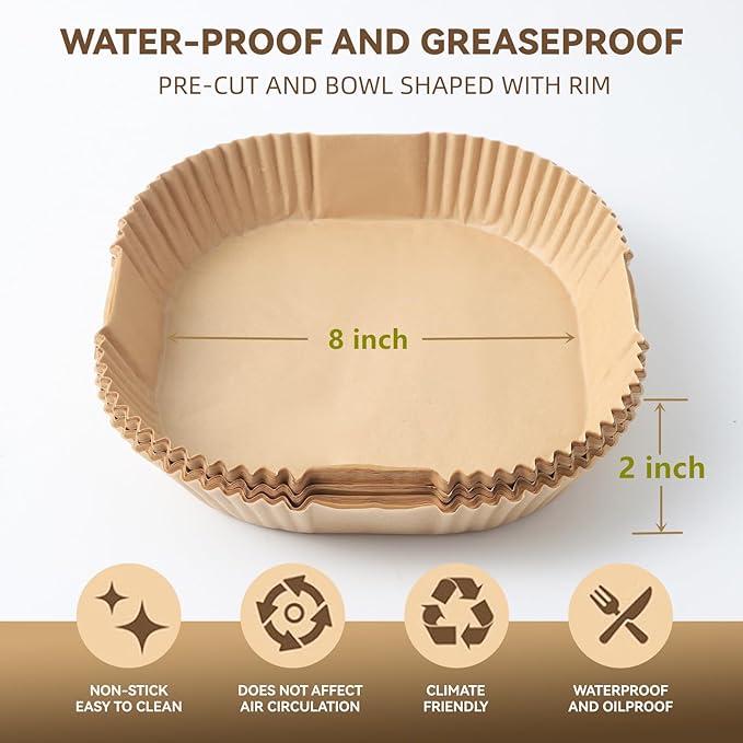 125Pcs 8 inch Square Disposable Air Fryer Parchment Liners-Non-Stick Parchment Sheets for Air Fryer Basket Microwave – Oil-proof, Water-proof, Effortless Cleanup for Baking