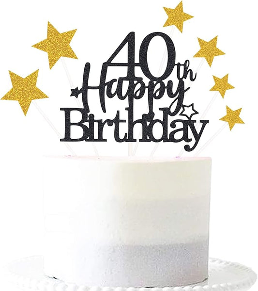 Glittery 40th Happy Birthday Cake Topper with Star,Personalised 40 Birthday Cake Toppers Party Decorations Party Supplies for Men Women Black Gold
