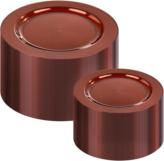 I00000 200 Pcs Clear Brown Plastic Plates - Elegant Disposable Plastic Party Plates Include 100 Dinner Plate 10’’ and 100 Dessert Plate 7’’ Perfect for Birthday, Party & Wedding