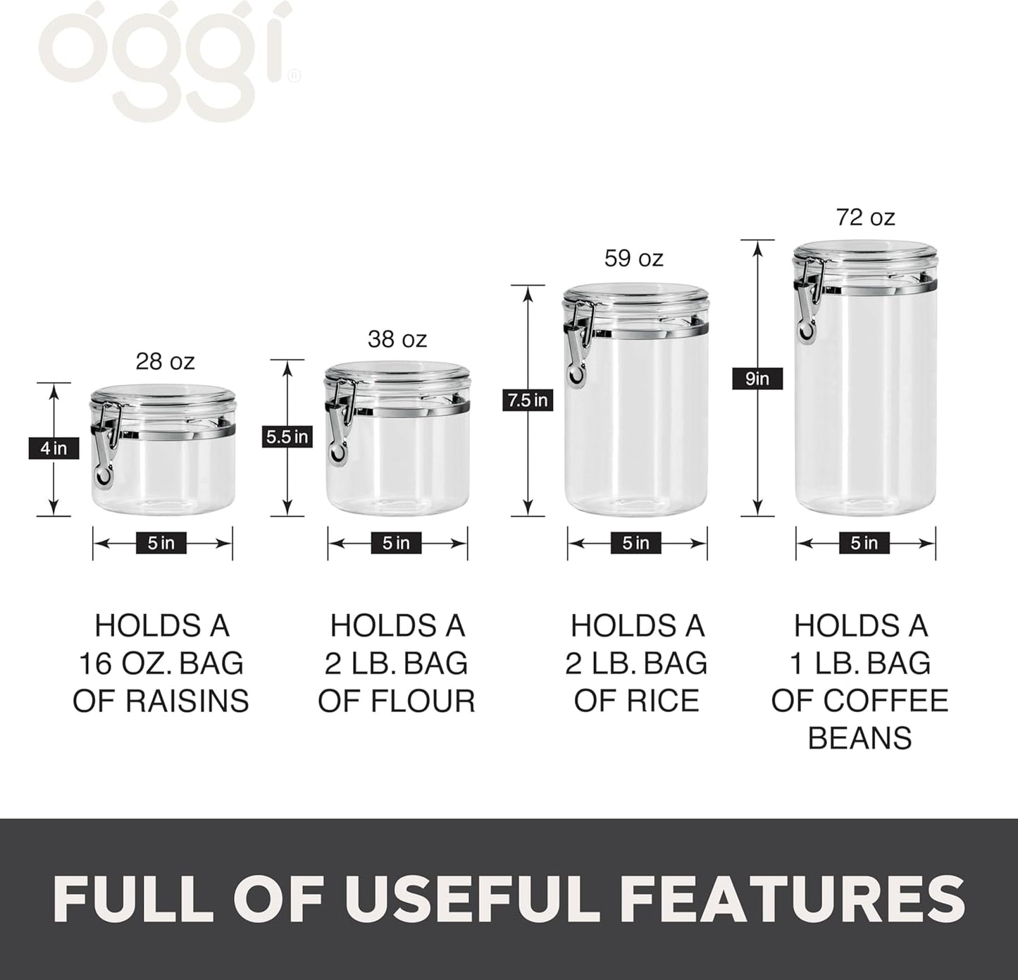 Oggi 4pc Clear Canister Set with Clamp Lids & Spoons - Airtight Food Storage Containers, Ideal for Kitchen & Pantry Storage of Bulk, Dry Food Including Flour, Sugar, Coffee, Rice, Tea, Spices & Herbs