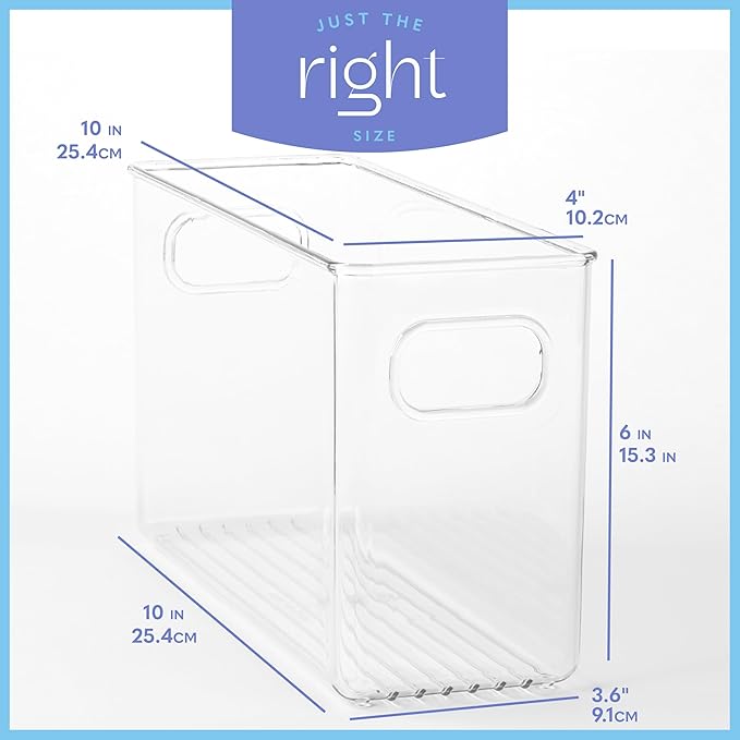Plastic Food Storage 2 Pack Clear Container Bin with Handles for Organizing Kitchen, Pantry, Refrigerator, Freezer, Pantry, Cabinet, Closet, Bathroom. 10”x4”x6”