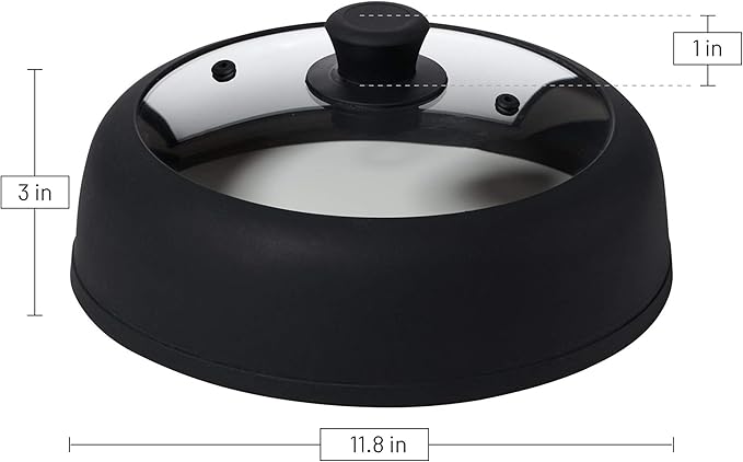 Bezrat Vented Glass Microwave Plate Cover | Large 12-inch Splatter Guard Lid | Firm Grip Silicone handle | 100% Food Grade | Dishwasher Safe (Black)