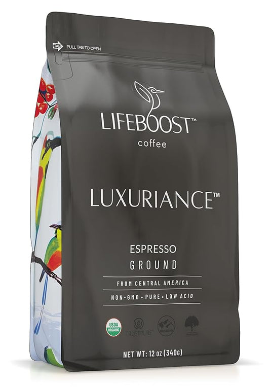 Lifeboost Organic Espresso Ground Coffee - Non-GMO Low Acid Single Origin USDA Shade Grown Organic Espresso Coffee - Third Party Tested For Mycotoxins & Pesticides 12oz Bag