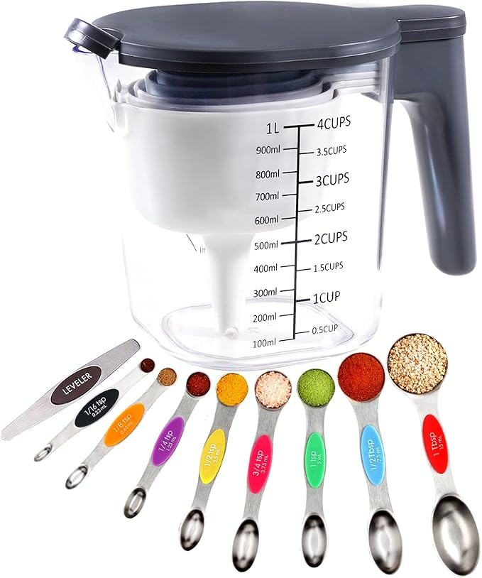 19 Pieces Measuring Cups and Spoons set, Includes 10 Stackable Measuring Cup with Lid and 9 Magnetic Measuring Spoons, BPA Free, Dishwasher Safe (Multicolor)