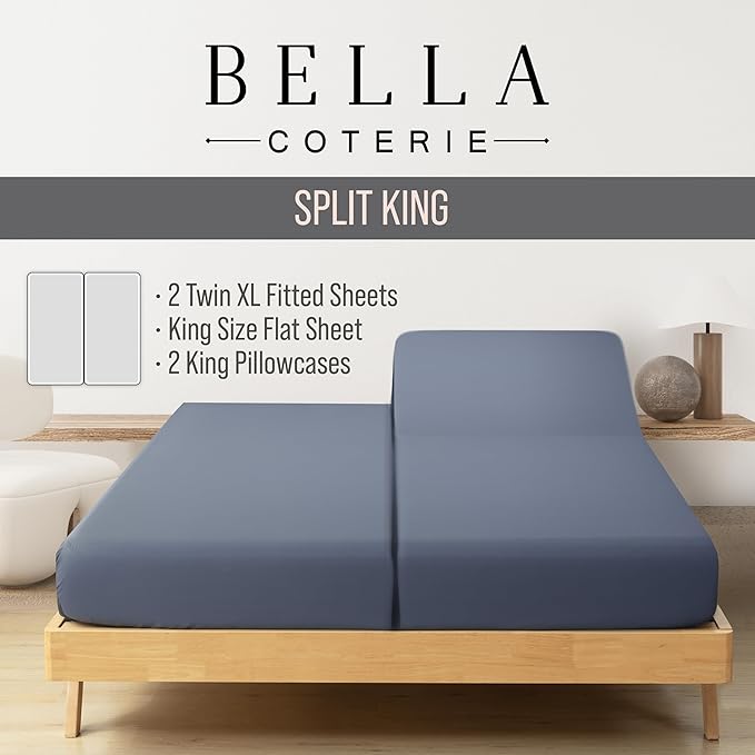 Bella Coterie Luxury Bamboo Viscose Split King Size Sheet Set | 100% Organically Grown | Ultra Soft | Cooling for Hot Sleepers | 18" Deep Pocket [Slate Blue]
