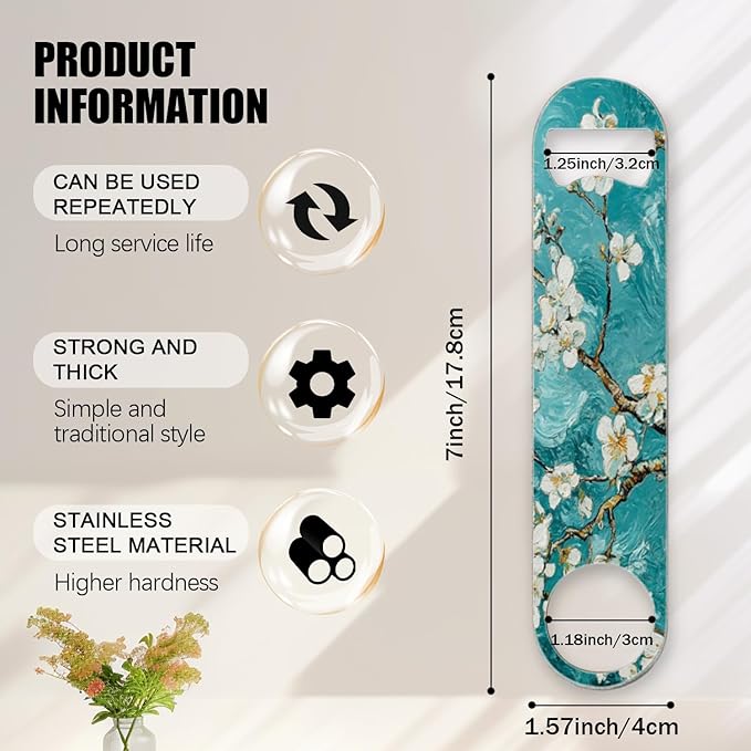 2 PACK Beer Bottle Opener, Stainless Steel Flat Bottle Openers,7 inch Metal Decor,Blue And White Almond Flowers