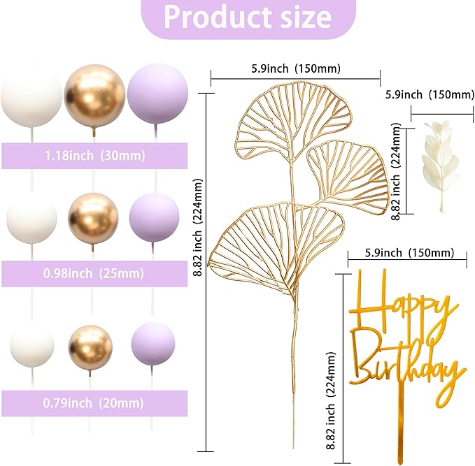 Gyufise 57Pcs Balls Cake Topper Boho Grass Cake topper Pearl Balls Acrylic Happy Birthday Cake Decorations for Wedding Baby Shower Birthday Boho Themed Party Supplies Purple