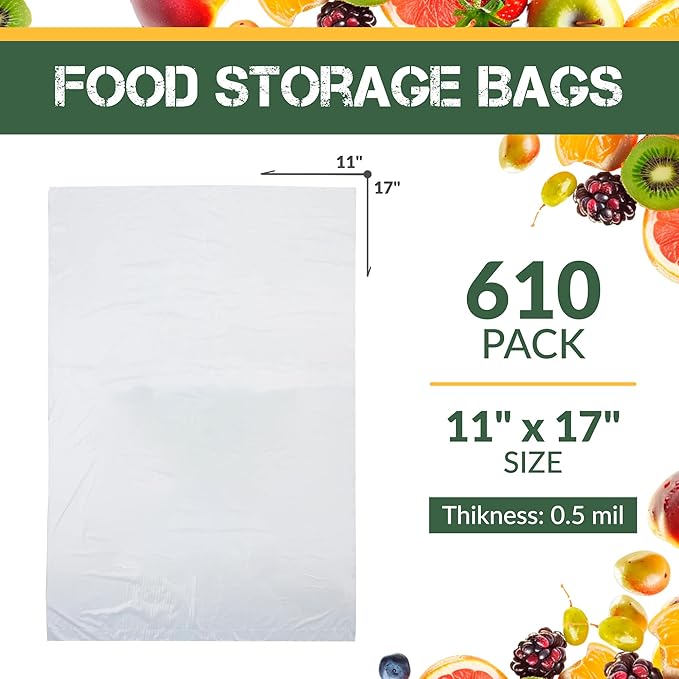 Plastic Produce Bag on a Roll, 11 x 17 Inch. Roll of 610 Clear Food Storage Bags, 0.5 Mil. Roll of Plastic Bags for Food. Clear Food Bags. Plastic Food Bags for Meat, Fruits, Meals