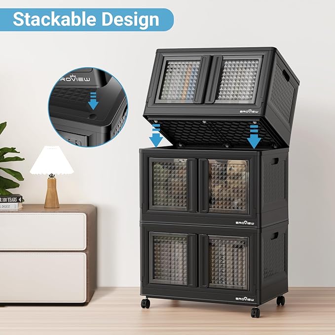 300Qt Stackable Storage Bins with Lids, 75Gal Closet Organizers and Storage Drawer, Plastic Collapsible Storage Bins with Doors, Heavy Duty Store Box Cabinet for Home Office, 3Pack Black