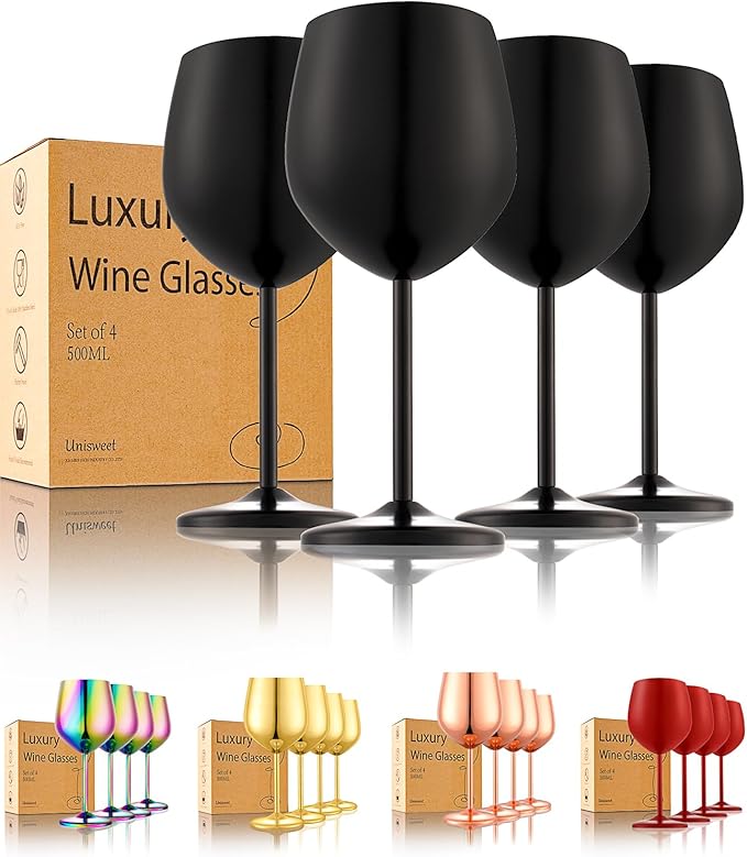 Stainless Steel Wine Glasses Set of 4 Unbreakable Wine Glass 18 oz Unique Metal Wine Goblets for Outdoor, Travel, Camping, Pool, Ideal Gift for Wine Lovers (Matte-Black)