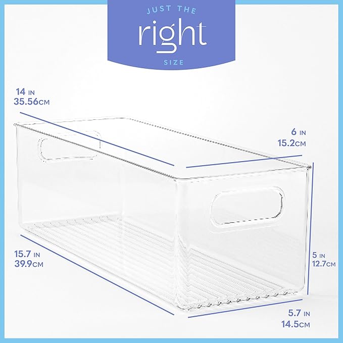 Plastic Food Storage Clear Container Bin with Handles for Organizing Kitchen, Pantry, Refrigerator, Freezer, Pantry, Cabinet, Closet, Bathroom. 14”x8”x5”