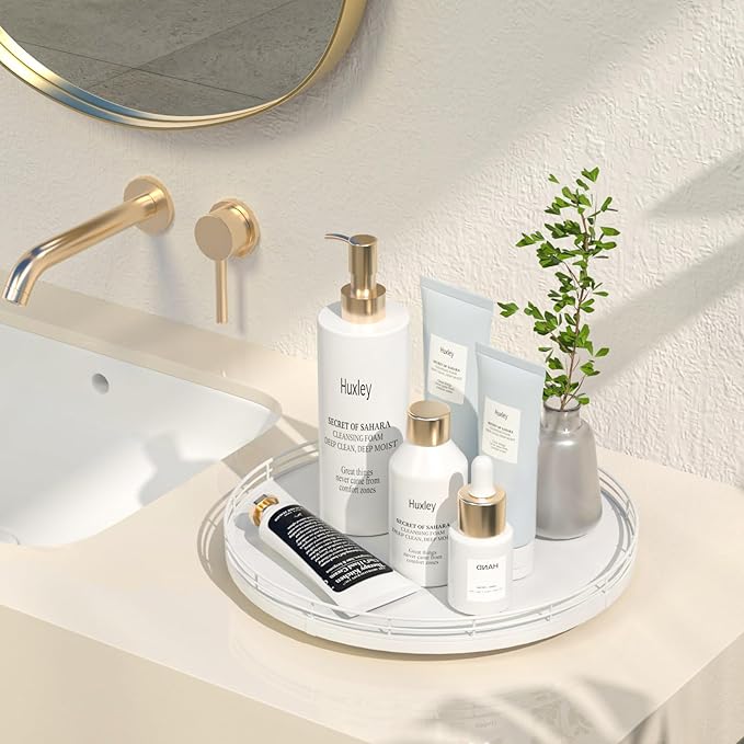 12" Oak Wood Bathroom Tray for Counter, Vanity Tray for Perfume Lotion Candle Makeup Jewelry Sink Soap Holder Turntable Dresser Organizer Countertop Coffee Table Decor Organization and Storage White