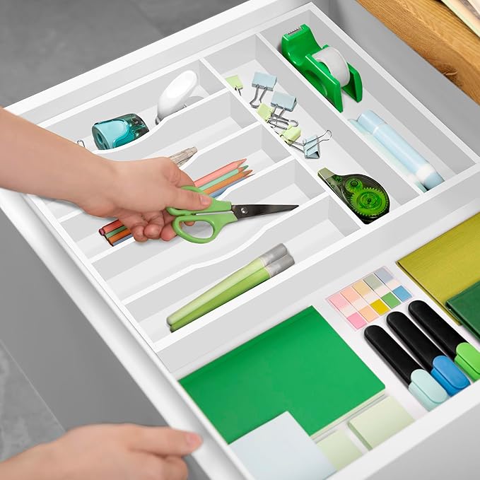 ROYAL CRAFT WOOD Luxury Bamboo Kitchen Drawer Organizer - Silverware Organizer - Utensil Holder and Cutlery Tray with Grooved Drawer Dividers for Flatware and Kitchen Utensils (7 Slot, White)