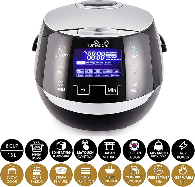Yum Asia Sakura Rice Cooker with Ceramic Bowl and Advanced Fuzzy Logic (8 Cup, 1.5 Litre) 6 Rice Cook Functions, 6 Multicook Functions, Motouch LED Display, 120V Power (Black and Silver)