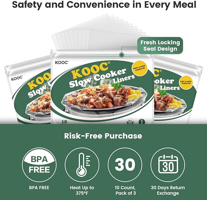 KOOC Slow Cooker Liners 11"x17" 30 count Middle Size Disposable Pot Liners Cooking Bags Fit 3 qt to 4 qt Pot BPA Free Fresh Locking Seal Design